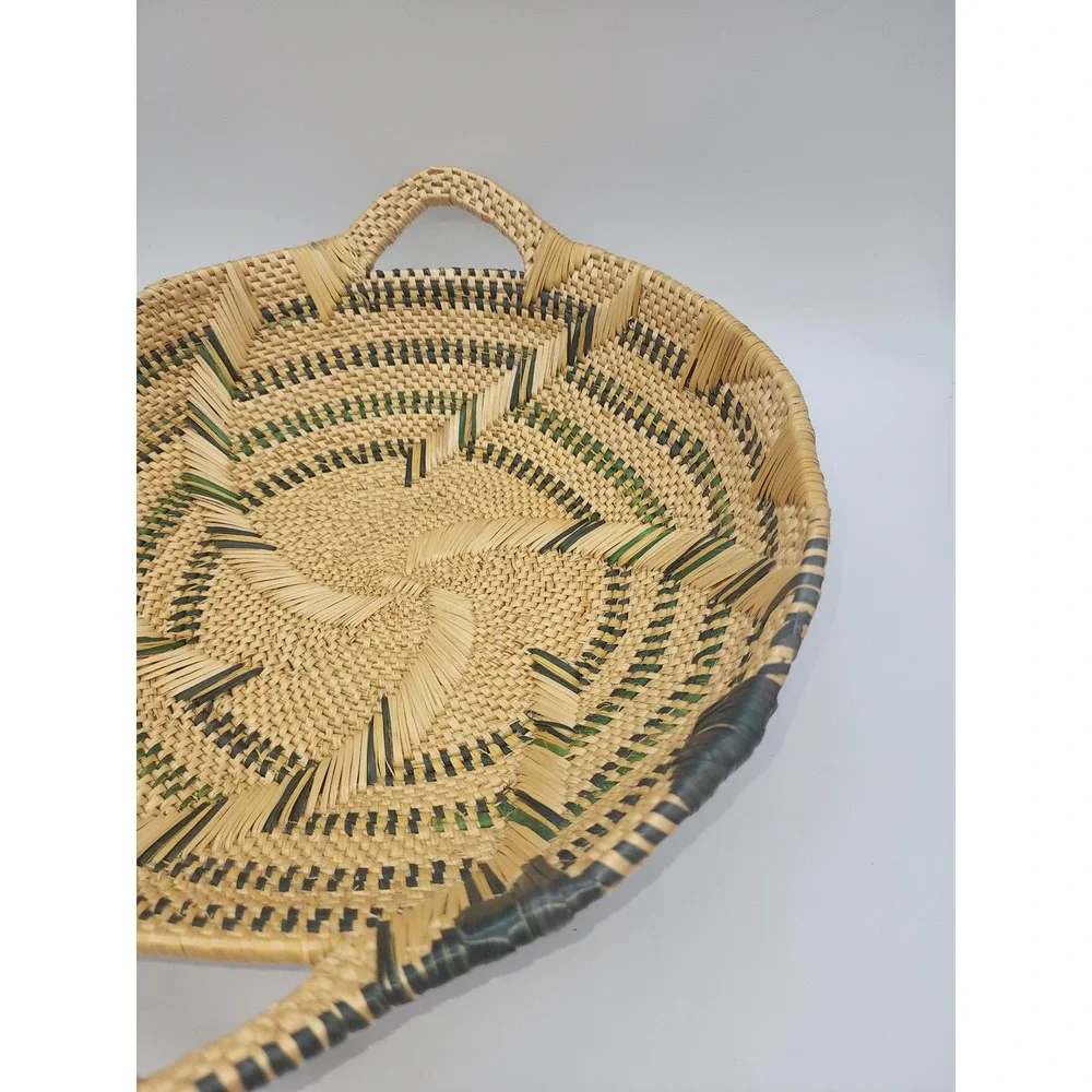 Handcrafted Woven Basket Tray Sunburst Pattern Round Shallow Bowl with Handles